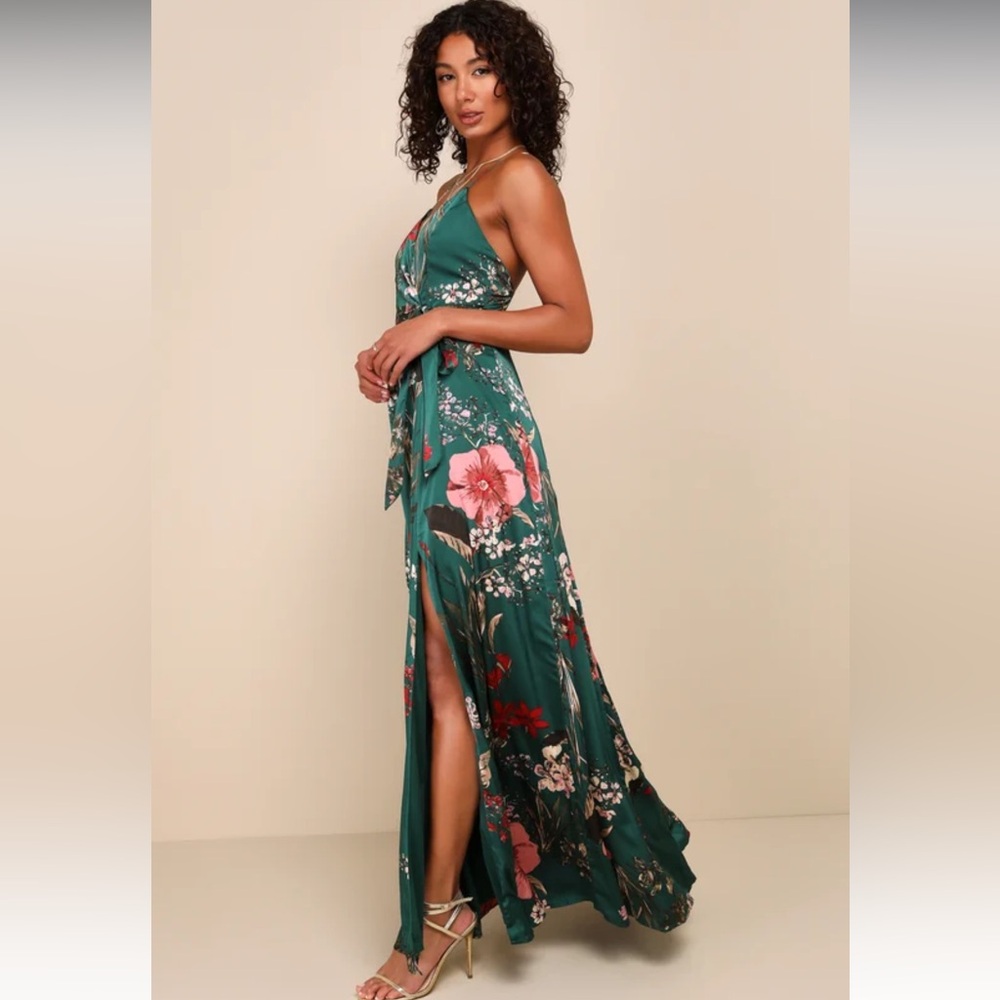 Lulus Still the One Emerald Green Floral Print Satin Maxi Dress